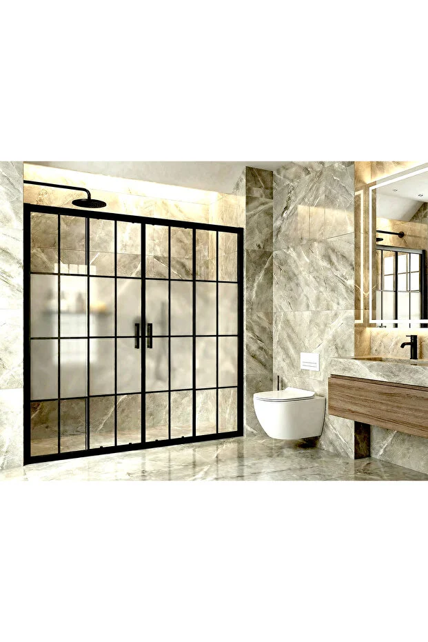 Duşakabin Ön Cephe 5mm Siyah Çizgi Ortası Buzlu Yükseklik 190cm